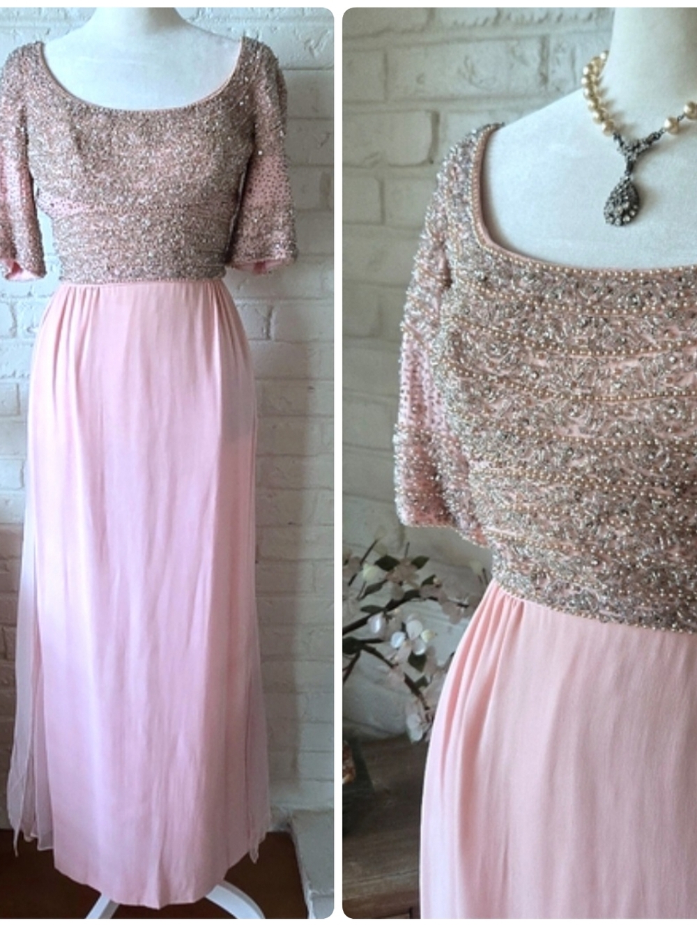 Vtg 60s 70s Victoria Royal Beaded Evening Gown, Hong Kong, 4/S